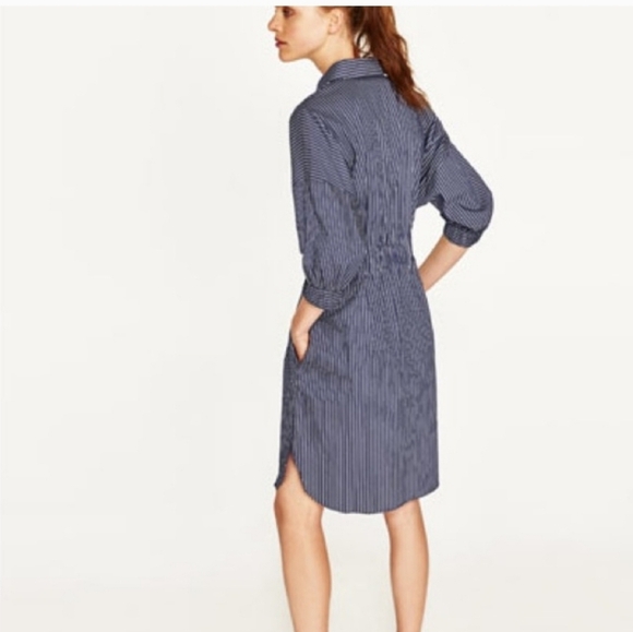 ZARA Preppy Shirt Dress long sleeve drawstring waist striped Size Medium - Picture 4 of 15